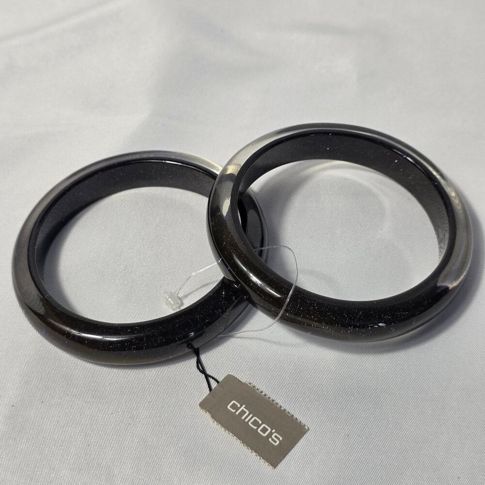 Chico's Sasha Bangle Bracelets Black Resin with Blue Glitter Sparkle 8.25
